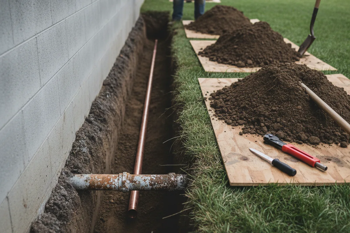 Excavated water line trench during Water Softener Installation in Oregonia